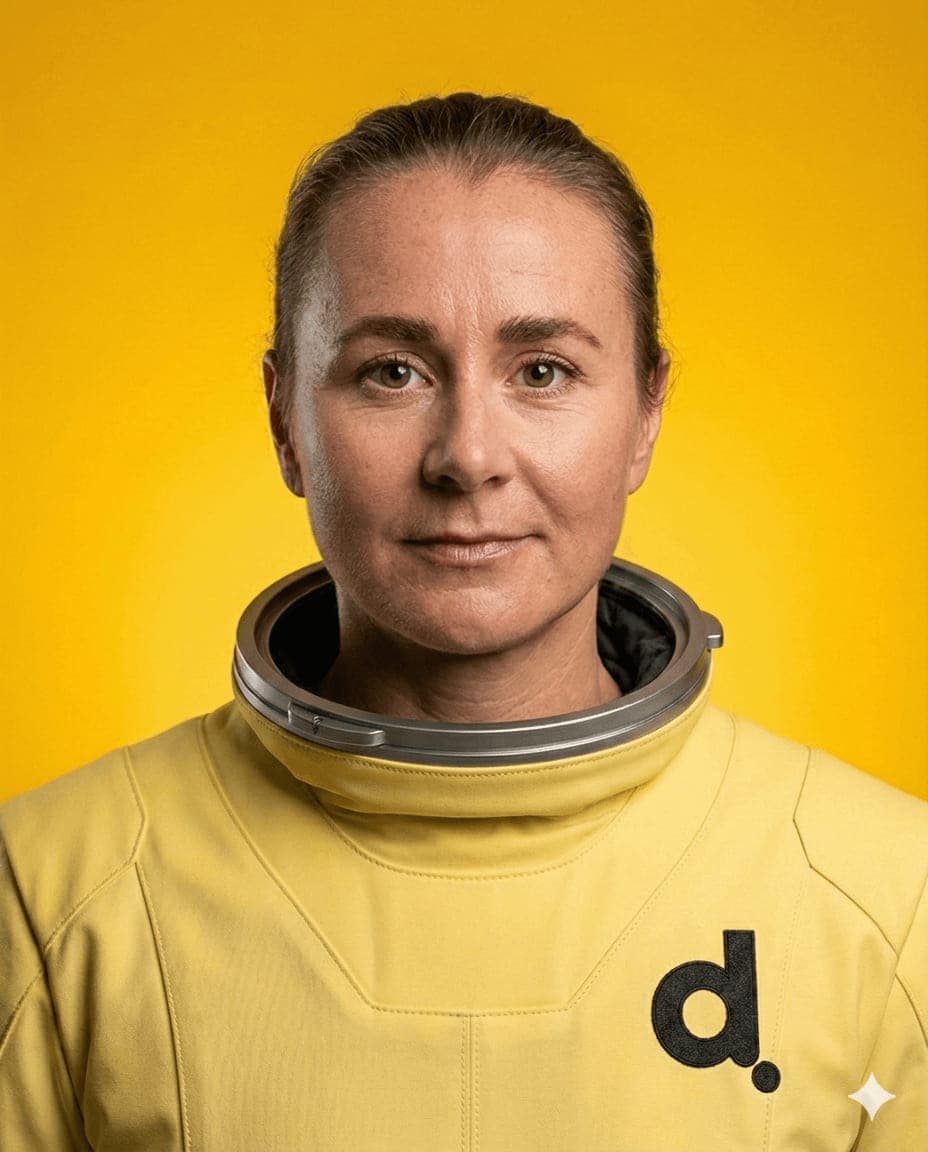 Maria Levander, Senior Recruiter på Digitalenta. Porträttfoto där rymddräkt och bakgrund är inmonterade med AI.