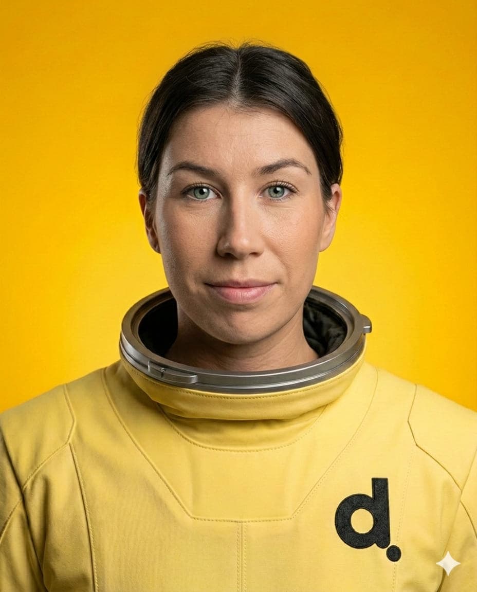 Mikaela Carlsson, Consultant Manager på Digitalenta. Porträttfoto där rymddräkt och bakgrund är inmonterade med AI.