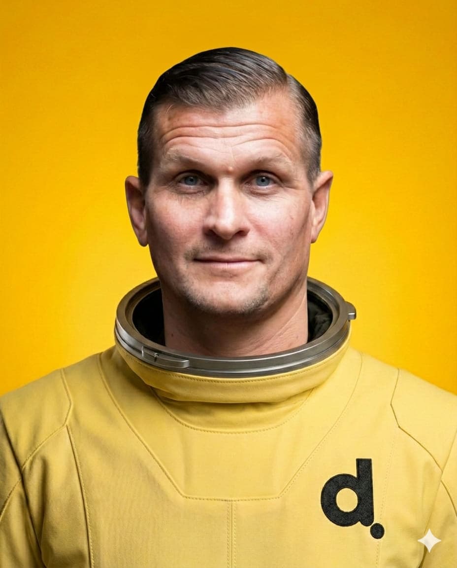 Rufus Lidman, Executive Board Member på Digitalenta. Porträttfoto där rymddräkt och bakgrund är inmonterade med AI.