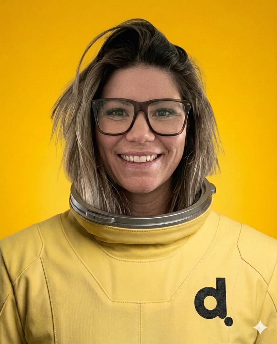 Sara Palmqvist, Senior Recruiter på Digitalenta. Porträttfoto där rymddräkt och bakgrund är inmonterade med AI.